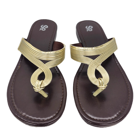 SO Sandals Womens 8 Gold Brown Strappy Summer Rubber Comfy Dressy Thong Flat - Picture 2 of 11